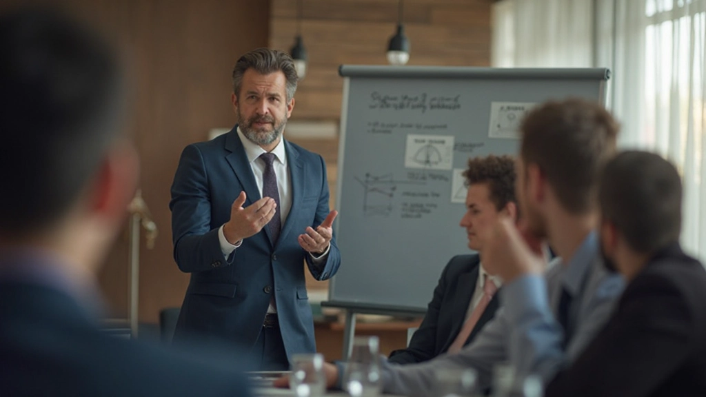 Деловой лидер выступает перед командой, демонстрируя навыки коммуникации