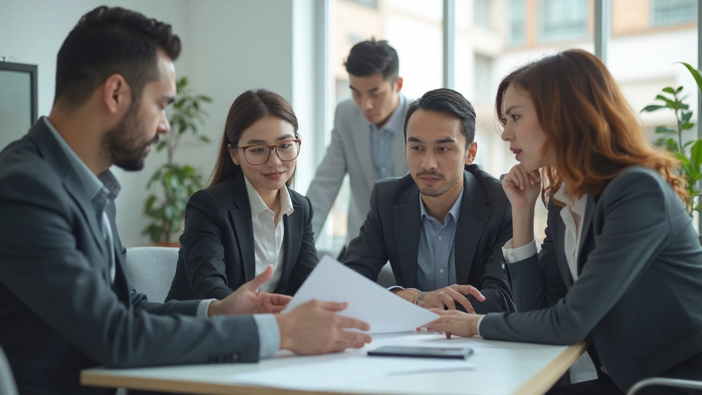 Профессионалы обсуждают проект в современном офисе, сидя за столом с ноутбуком и документами
