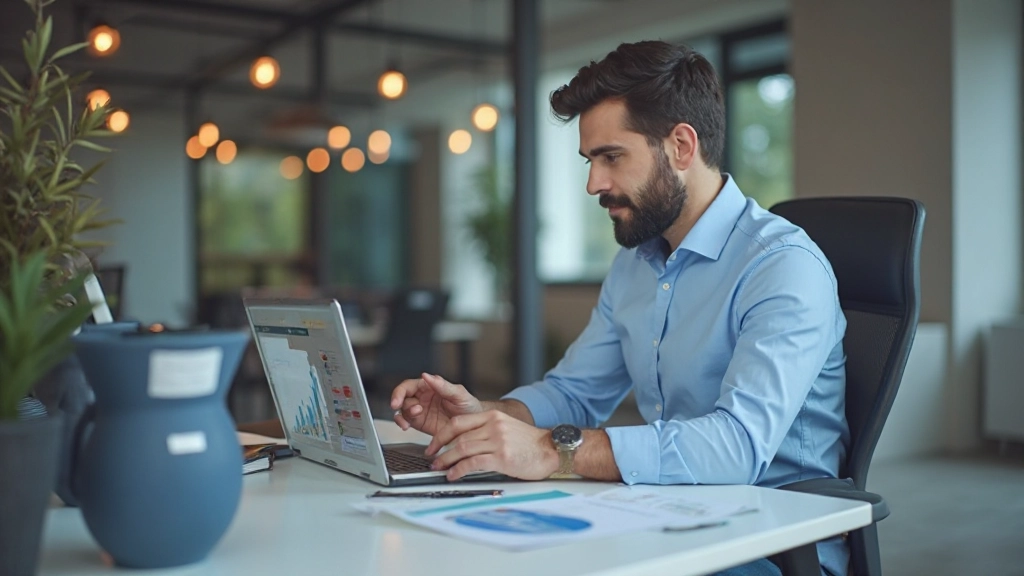 Специалист анализирует графики роста на ноутбуке в офисе