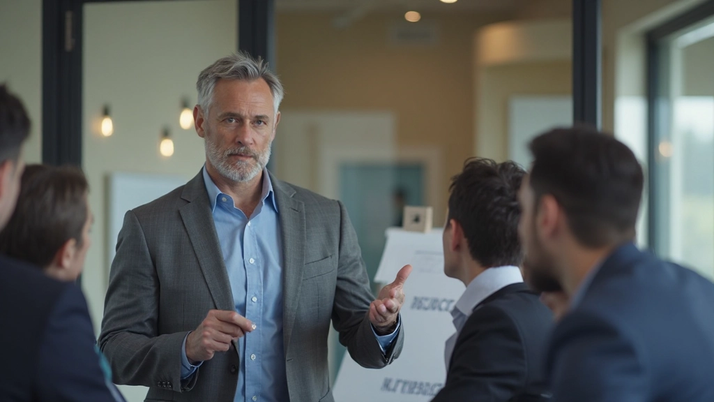 Изображение лидера проводящего вдохновляющую презентацию перед командой